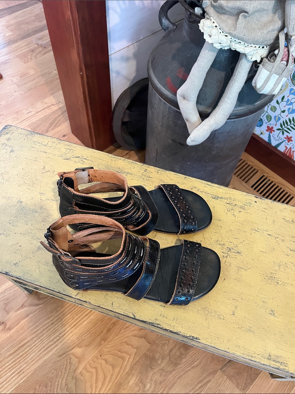 BED|STU Dark Brown Leather Sandals with Tan Accents